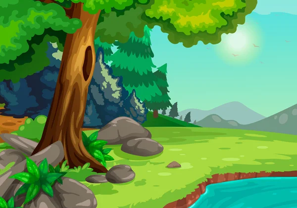 Illustratie van bos met een rivier achtergrond vector — Stockvector