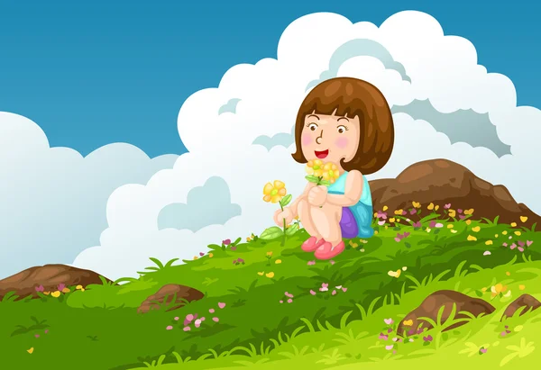 Girl with flowers mountains landscape background vector — Stock Vector