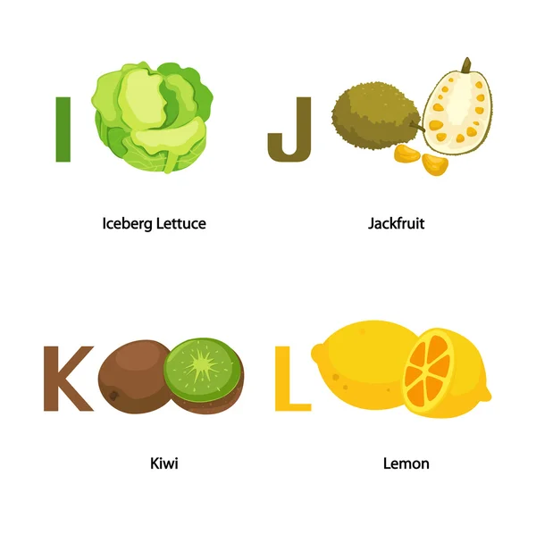 Alphabet I-L letter.iceberg lettuce,jack fruit,kiwi,lemon.vector — Stock Vector