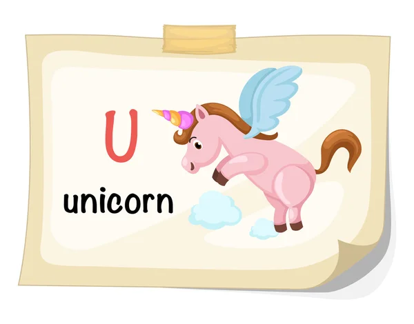 Alfabeto animal letra U para unicornio ilustración vector — Vector de stock