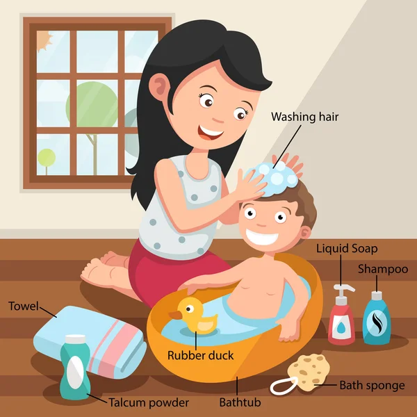 Madre lavando el cabello de su hijo con el amor ilustración, vector — Vector de stock