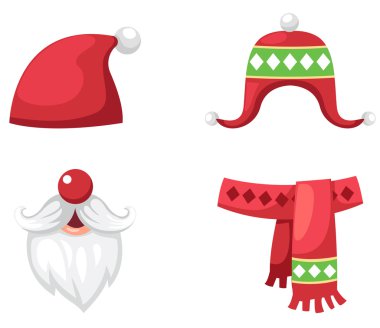 Christmas kırmızı santa claus şapka ayarla, eşarp ve izole vektör şapka