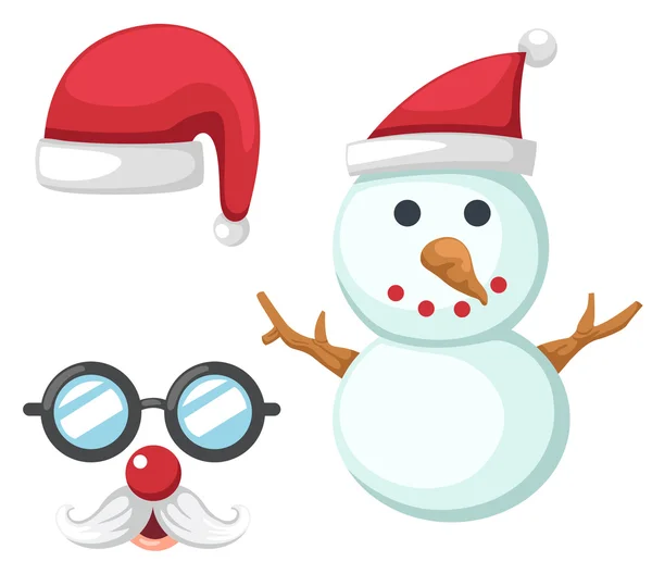 Set de Navidad rojo Santa Claus sombrero, muñeco de nieve, gafas y bigote i — Vector de stock