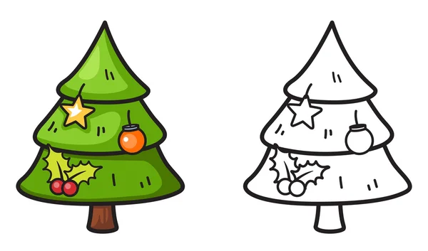 Colorido y blanco y negro árbol de x-mas para colorear libro — Vector de stock