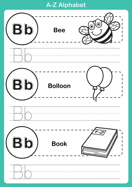 Alphabet a-z Übung mit Cartoon-Vokabular für Malbuch — Stockvektor