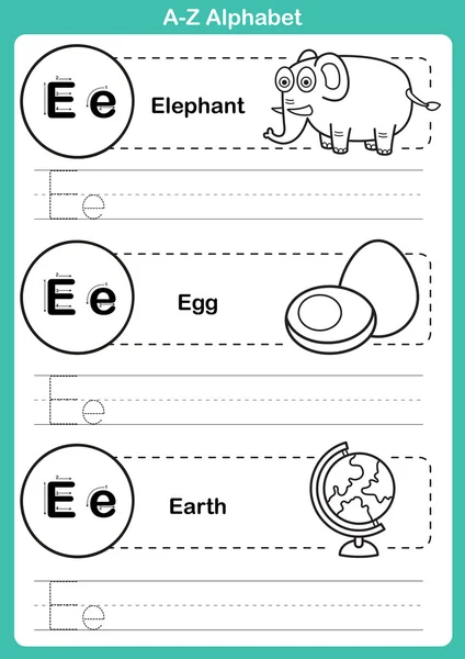 Alfabeto a-z esercizio con vocabolario dei cartoni animati per libro da colorare — Vettoriale Stock