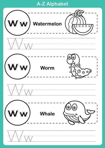 Alfabeto a-z ejercicio con vocabulario de dibujos animados para colorear libro — Vector de stock