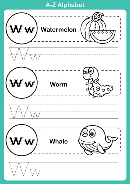 Alphabet a-z Übung mit Cartoon-Vokabular für Malbuch — Stockvektor