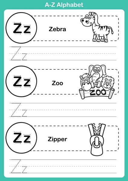 Alfabeto a-z ejercicio con vocabulario de dibujos animados para colorear libro — Vector de stock