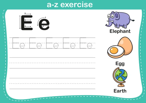 Alfabeto esercizio a-z con illustrazione del vocabolario dei cartoni animati — Vettoriale Stock