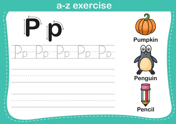 Exercice Alphabet a-z avec illustration de vocabulaire de bande dessinée — Image vectorielle