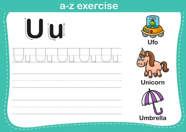 Alfabeto a-z ejercicio con ilustración de vocabulario de dibujos animados — Vector de stock