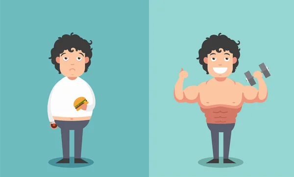 之前和之后的男人在肥胖和瘦小的形状概念 — 图库矢量图片