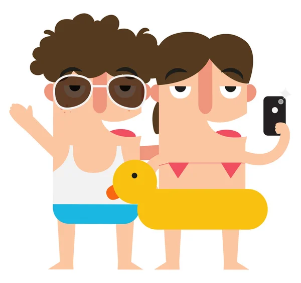 Taking selfie woman and man,summer vacation fun — Stock Vector