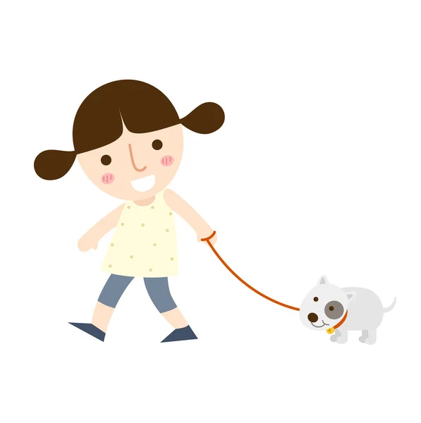 Chica joven paseando a un perro — Vector de stock