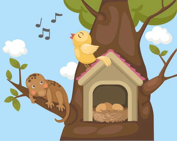 Nightingale bird on bird house — Stock Vector