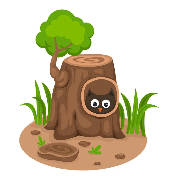 Árbol hueco con un búho sobre un fondo blanco, vector — Vector de stock