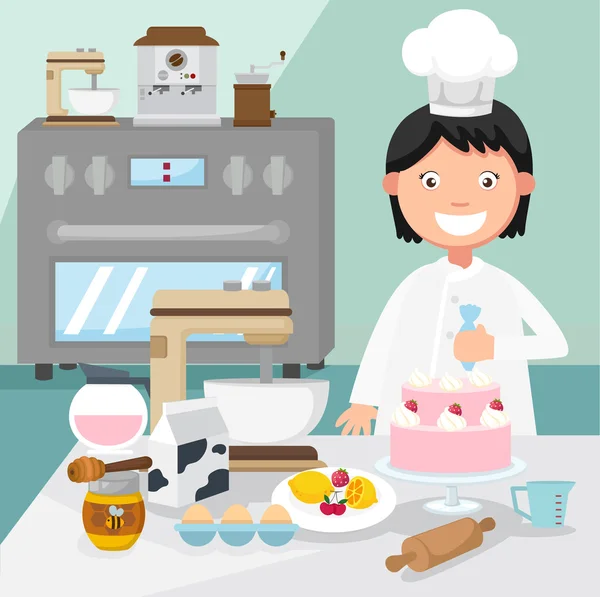 Pastry chef decorates a cake — Stock Vector