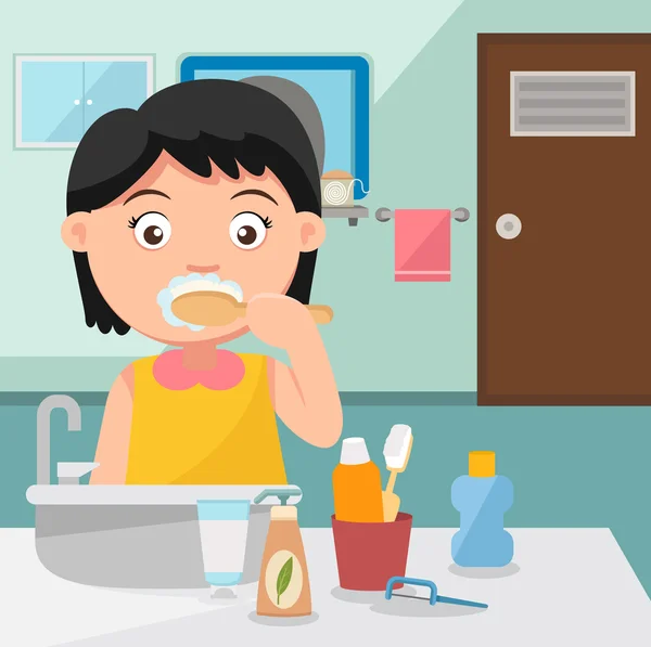 Una chica cepillándose los dientes en el baño — Vector de stock