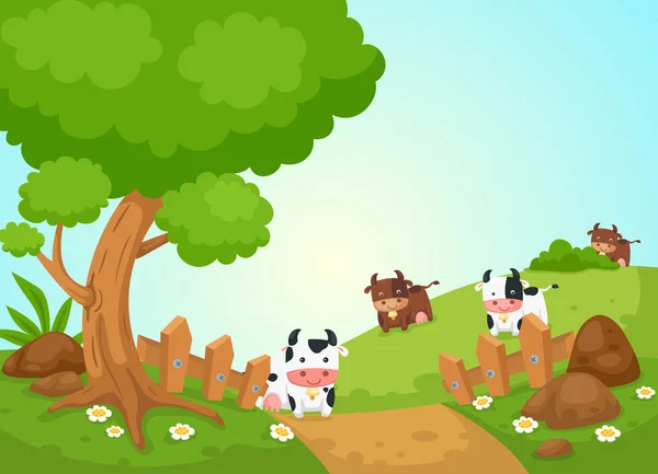 Paisaje rural y vacas — Vector de stock