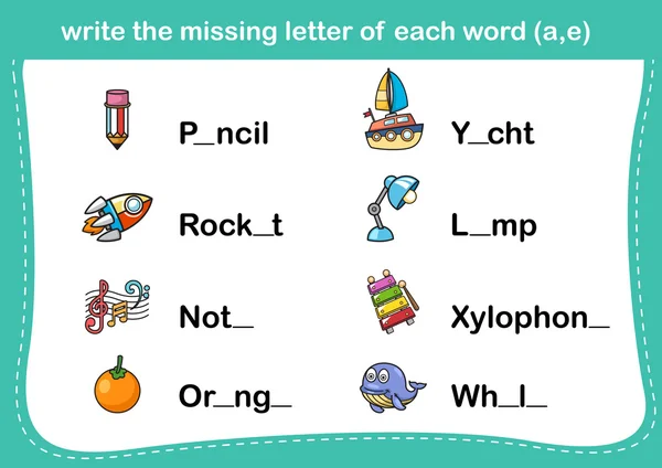 Schrijf de ontbrekende letter van elk woord (a, e) — Stockvector