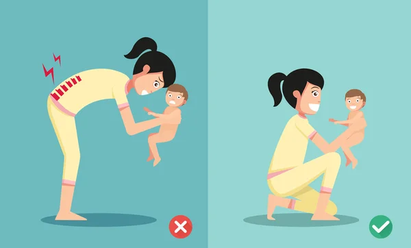 Küçük bebek tutmak için en iyi ve en kötü pozisyonlar — Stok Vektör