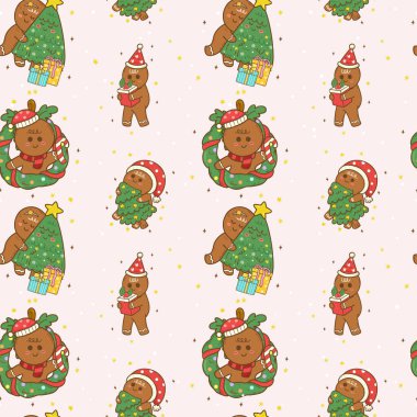 Şenlikli noel çelengi ve tatlı zencefilli çöreksiz Coquette desensiz el çizimi Duvar kağıdı arka planı, ambalaj kağıdı