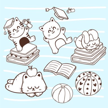 Tatlı köpek ve kedi yavrusu okul ve eğitim çeşitleri çizgi film el çizimi karakter illüstrasyonu