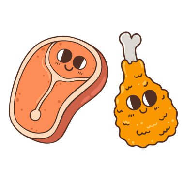 Biftek karikatürlü şirin tavuk bacağı çizilmiş karakter çizimi.