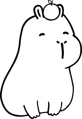 Kafasında portakal olan kawaii capybara pozu. Siyah beyaz çizgi film el çizimi.