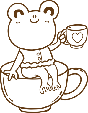 Kawaii Sevgililer Günü kurbağası, kahve bardağının üzerine siyah beyaz çizgi film çizilmiş.