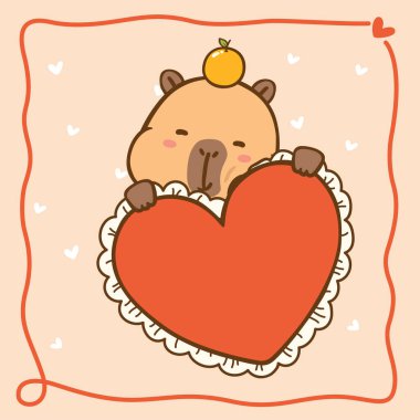 Kawaii Valentine Capybara Kalp Tutma Çizim El Çizimi
