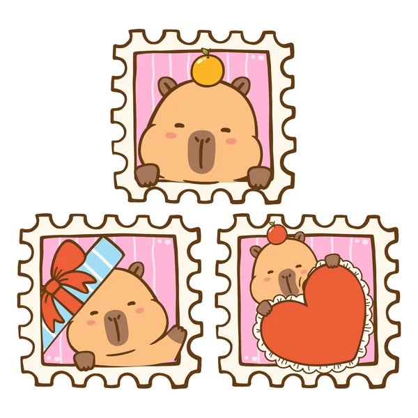 Kawaii Sevgililer Günü Damgası Capybara Çizgi Film El Çizimi