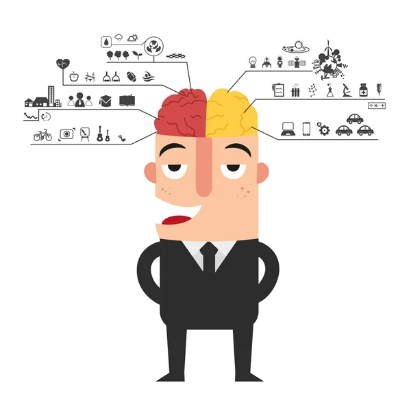 Hombre de negocios con el icono de funciones cerebrales izquierda y derecha — Vector de stock