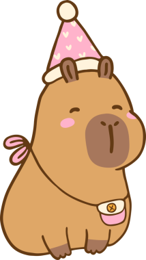 Kawaii Capybara parti şapkası takarak resim çizerek kutluyor.