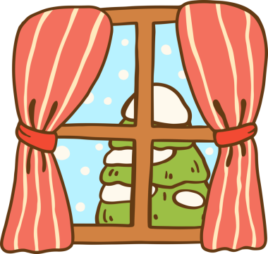 Karlı Pencere Arasından Noel Ağacı Görünümü Çizilmiş El Çizimi