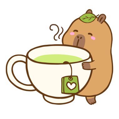 Kawaii capybara elinde çay fincanı ve aromalı karikatür el çizimi.