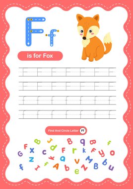 Çocuklar, Anaokulu ve Anaokulu El Yazısı Uygulaması için F harfi, Tilki ABC Öğrenme Yazdırma Tablosu için F harfi