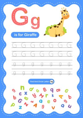 Alfabe G Harfi Çocuklar, Anaokulu ve Anaokulu El Yazısı Çalışmaları, G harfi Zürafa ABC Öğrenme Yazdırma Tablosu