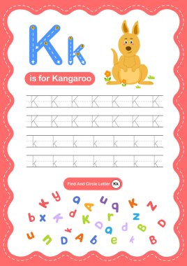 Alfabe K Harfi Çocuklar, Anaokulu ve Anaokulu El Yazısı Uygulaması, K Kanguru ABC Öğrenme Yazdırma Tablosu