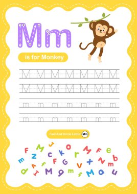 Çocuklar, Anaokulu ve Anaokulu El Yazısı Uygulaması için M harfi, Maymun ABC Öğrenme Yazdırma Tablosu M