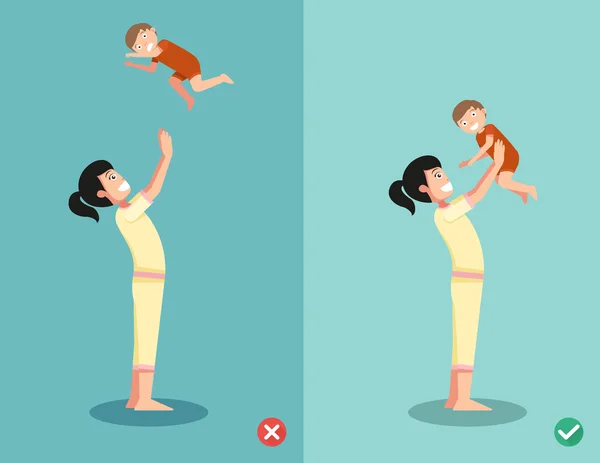 Maneras correctas e incorrectas de jugar con el bebé — Vector de stock