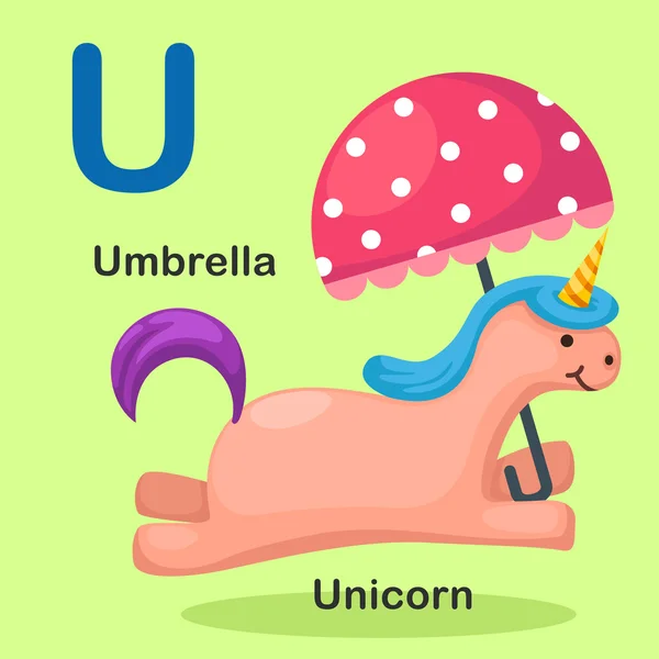 Illustrazione Isolated Animal Alphabet Letter U-Unicorn, Ombrello — Vettoriale Stock