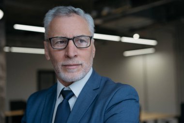 Ofisteki düşünceli olgun finansörün portresini kapat. 