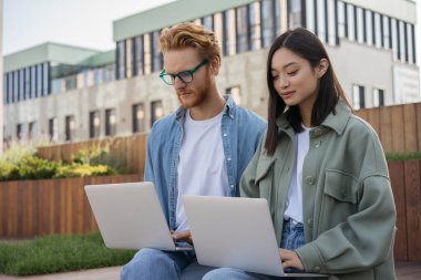 Üniversite öğrencileri dizüstü bilgisayar kullanıyor, online okuyor, eğitim kavramı geliştiriyor. Genç iş adamlarından oluşan bir ekip açık havada birlikte çalışıyor. 