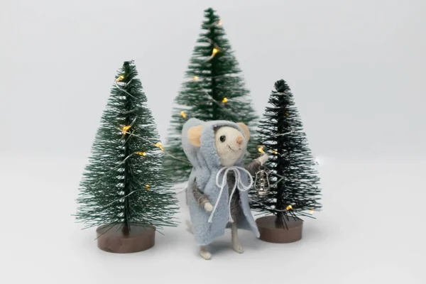 White Little Rat Beautiful Holiday Trees Forest Toy Form Plush — Stock Photo, Image