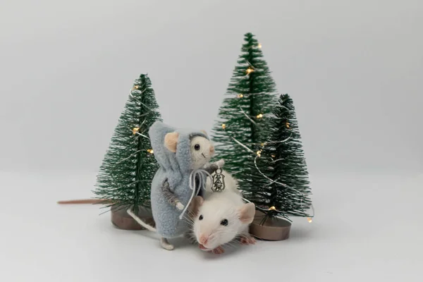 Biały Mały Szczur Wśród Pięknych Drzew Wakacyjnych Lesie Zabawka Postaci — Zdjęcie stockowe