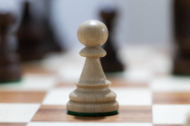 Satranç tahtasında tahta satranç oynamak. Taktik ve strateji. Siyah ve beyaz şekiller