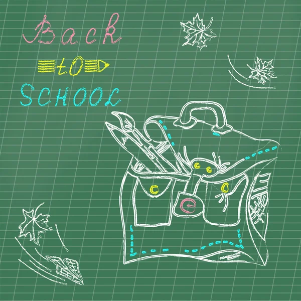 Sac d'école de craie de dessin coloré et inscription de retour à l'école . — Image vectorielle