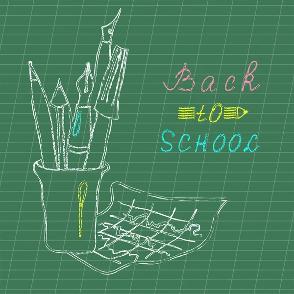 Kolorowy rysunek kredą, przybory szkolne i napis z powrotem do szkoły. — Wektor stockowy